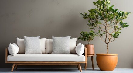 A cozy indoor oasis with a vibrant houseplant, elegant wall art, and comfortable furniture, inviting you to relax on the plush couch and admire the blooming flowers in their charming pots