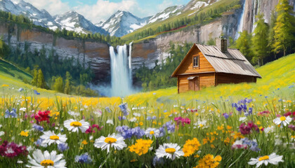 Oil painting art of Flowers in a meadow with cabin in the background. Generative AI