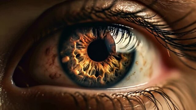 Human eye close up with brown iris, eyelashes and pupil Generative AI 