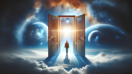 Open doors in the sky, a concept of liberation. The silhouette of a man in an open doorway in the...