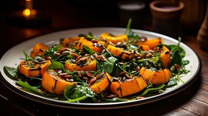 Roasted pumpkin salad on a light table with whole pumpkin and baby spinach leaves