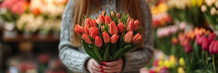 banner bouquet of tulips in the hands of a woman in a flower shop - obrazy, fototapety, plakaty