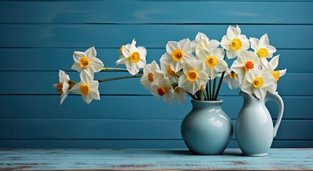 A vibrant still life captures the beauty of a bouquet of white and yellow flowers in a blue vase, adding a touch of nature and color to any indoor space