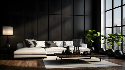 Modern minimalist interior design, black and white room, living room, Natural Lighting.