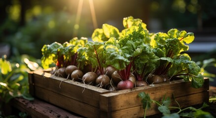 A bountiful harvest of locally grown, nutrient-rich vegetables sit nestled in a rustic wooden box, evoking the essence of wholesome vegan nutrition and the beauty of natural, outdoor produce
