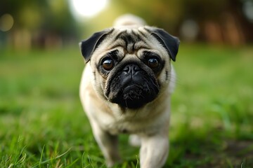 Obraz premium Pug dog breed on a walk in the park
