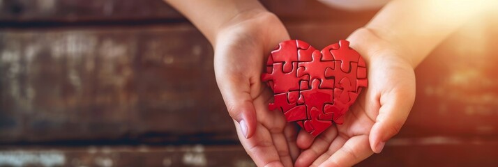 The concept of charity, love, donate and helping hand. International cardiology day. A woman and child arranges red heart shape puzzles. Symbol of helping others. - obrazy, fototapety, plakaty