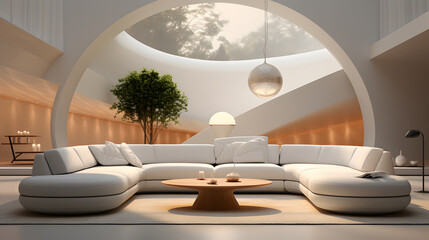 Modern minimalist interior design, white room, living room, Natural Lighting.