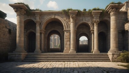 Fototapeta na wymiar Entrance of a medieval roman kingdom with arch and columns from Generative AI