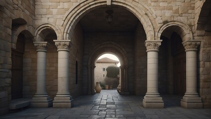 Fototapeta na wymiar Entrance of a medieval roman kingdom with arch and columns from Generative AI