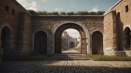 Entrance of a medieval roman kingdom with arch and columns from Generative AI