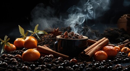 A vibrant and inviting still life captures the essence of local produce and natural foods with a cup of coffee adorned with spices and oranges, evoking the warmth of outdoor gatherings and the rich f