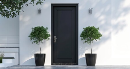 a black entry door with white plants