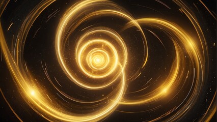 Spinning spiral vortex of yellow light streaks and particles, technology and sci-fi ad concept from Generative AI