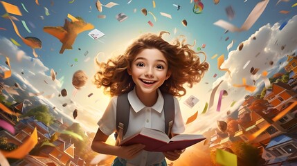 illustration world of children learning with many digital books