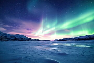 Ethereal beauty of the Northern Lights illuminates a stunning landscape. Captivating scene showcasing the wonders of nature and the enchanting allure of the aurora borealis