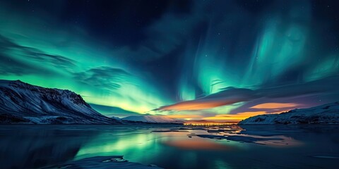 Ethereal beauty of the Northern Lights illuminates a stunning landscape. Captivating scene showcasing the wonders of nature and the enchanting allure of the aurora borealis