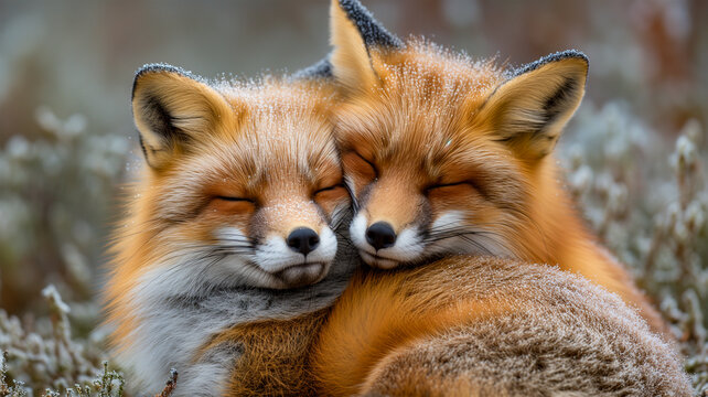 Two little red fox cub sleep together