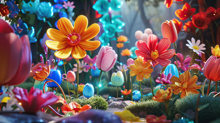 Obraz na płótnie Canvas Garden of Divine Harmony: An Animated Oasis with Sacred Flowers. 3D Colorful Vivid.