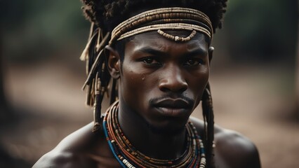 Portrait of a young man black african from a native traditional tribe from Generative AI