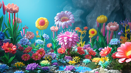 Fototapeta na wymiar Garden of Divine Harmony: An Animated Oasis with Sacred Flowers. 3D Colorful Vivid.
