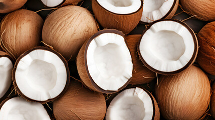 Coconuts background. Top view - obrazy, fototapety, plakaty