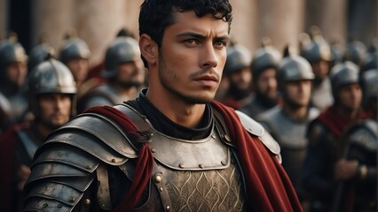 Fototapeta na wymiar Portrait of a handsome medievel roman young soldier warrior from Generative AI