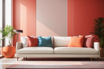 Interior home design of modern living room with colorful sofa and wall with copy space