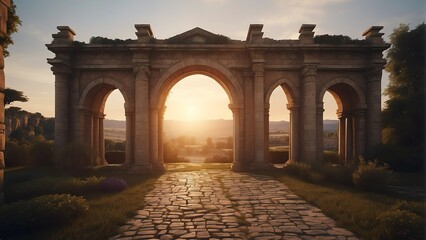 Entrance of a medieval roman kingdom with arch and columns at sunset from Generative AI