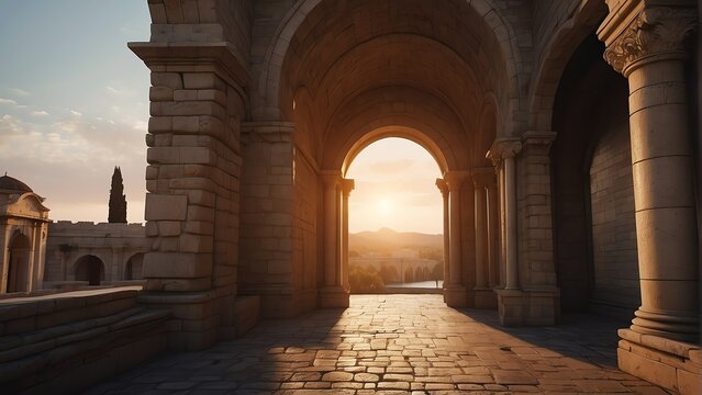 Entrance of a medieval roman kingdom with arch and columns at sunset from Generative AI