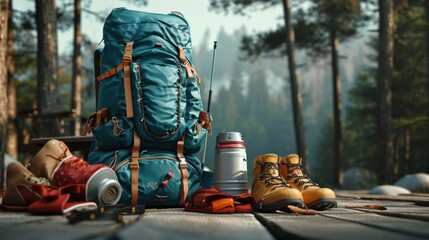 Travel backpack with camping equipment, hiking shoes, elements for camping, summer camp, traveling, trip, hiking, 3d rendering. - obrazy, fototapety, plakaty