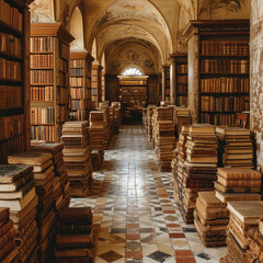 Scholarly Air in an Old-World Library with Leather-Bound Books