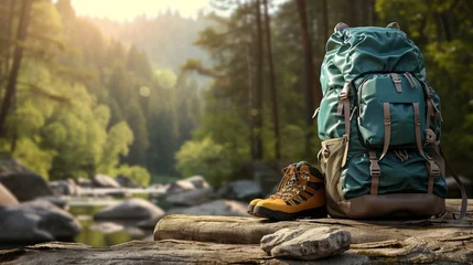 Foto op Canvas Travel backpack with camping equipment, hiking shoes, elements for camping, summer camp, traveling, trip, hiking, 3d rendering. © Zahid