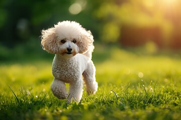 dog white poodle breed walks in the park on a summer day - obrazy, fototapety, plakaty