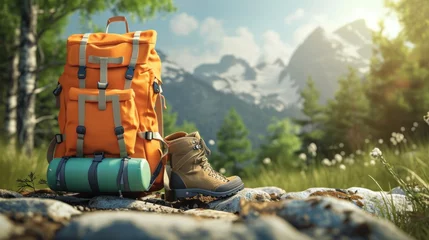 Selbstklebende Fototapeten Travel backpack with camping equipment, hiking shoes, elements for camping, summer camp, traveling, trip, hiking, 3d rendering. © Zahid