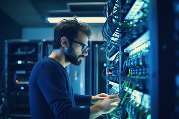 Caucasian male IT technician checking equipment in network server room - obrazy, fototapety, plakaty