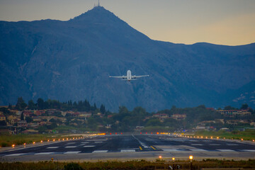View of the airport and a plane taking off in corfu,Greece
