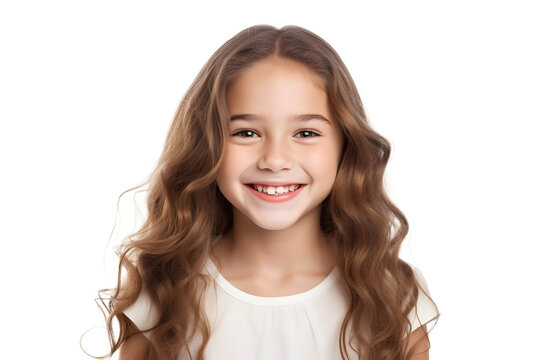 a closeup photo portrait of a cute beautiful young girl kid smiling with clean teeth. used for a dental ad. teen with fresh stylish long hair. isolated on white background.
