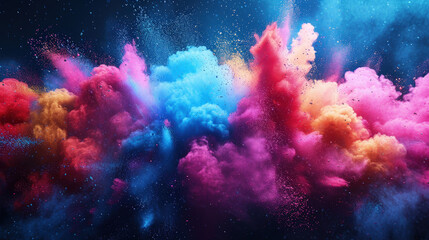 Explosion of multicolored paint on dark blue background, splash of colorful powder, abstract pattern of colored dust clouds. Concept of burst, swirl, banner, holi, texture, splash