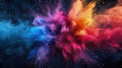 Explosion of multicolored paint on dark background, burst of colorful powder, abstract pattern of colored dust explode. Concept of spectrum, swirl, holi, texture, splash - obrazy, fototapety, plakaty