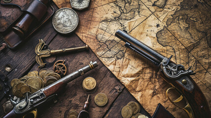 Fototapeta na wymiar Old World map, money and vintage guns on wooden table, worn torn paper and instruments. Background for journey theme. Concept of antique, history, discovery, retro, travel, treasure