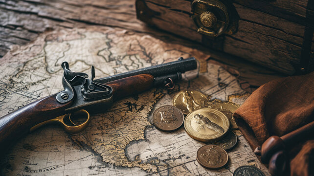 Old map, gold coins and vintage gun on wooden table, worn torn paper and instruments. Background for journey theme. Concept of antique, history, discovery, retro, travel, treasure