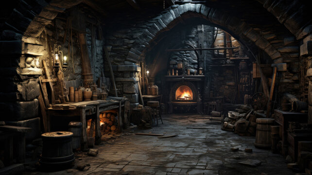 Old cellar or vintage house room, medieval workshop interior. Inside dark stone storage with fireplace. Concept of home, production, wood, basement, fantasy