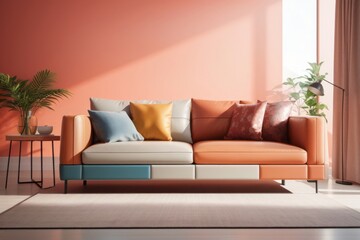 Fototapeta premium Interior home design of modern living room with colorful sofa and wall with copy space