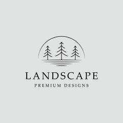 pine tree logo landscape line art graphic design icon template simple minimalist vector illustration
