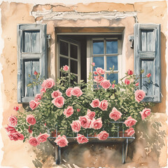 Watercolor roses in window boxes. Pink and beige color, illustration, journal page