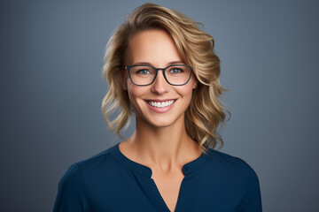 Fototapeta premium A woman in glasses with a stylish long hairstyle, wearing a blue shirt.