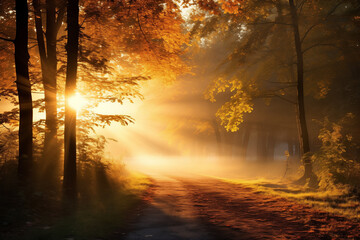 Beautiful autumn landscape with trees and road, sunny morning