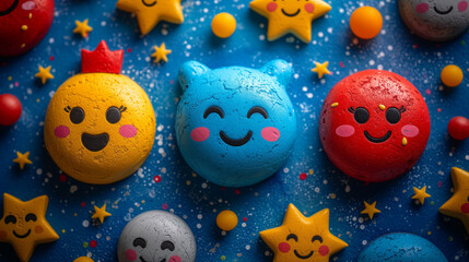 Obraz premium eggs on a blue background, cute emoticons, stickers, emoji, on a bright background