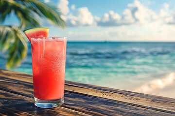 glass with watermelon juice on a background of the sea